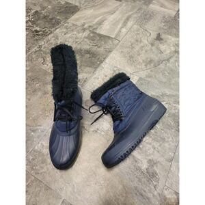 Sorel Snow Boots Navy Blue Faux Fur Trim Snowflake Embroidered Duck Boots Size 9